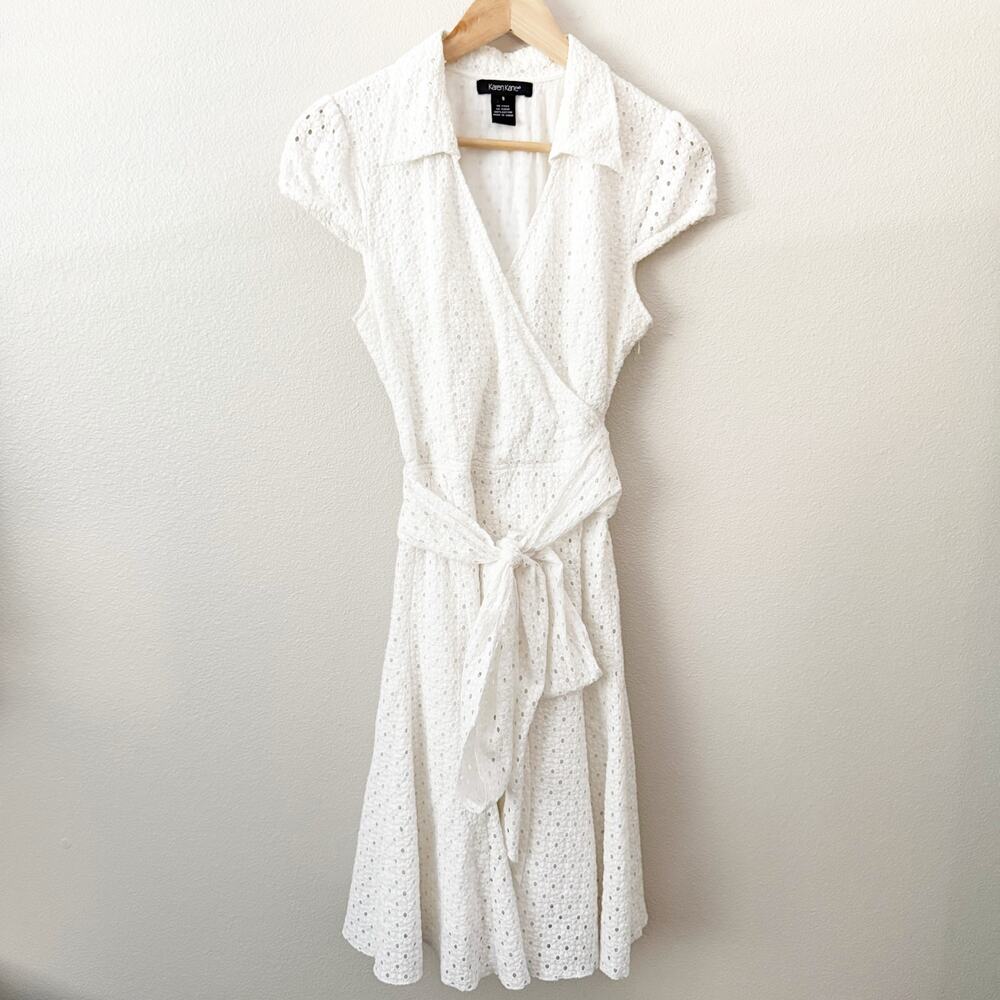KAREN‎ KANE | White Eyelet Embroidered Wrap Dress Collar Cap Sleeve Tie | Size 8